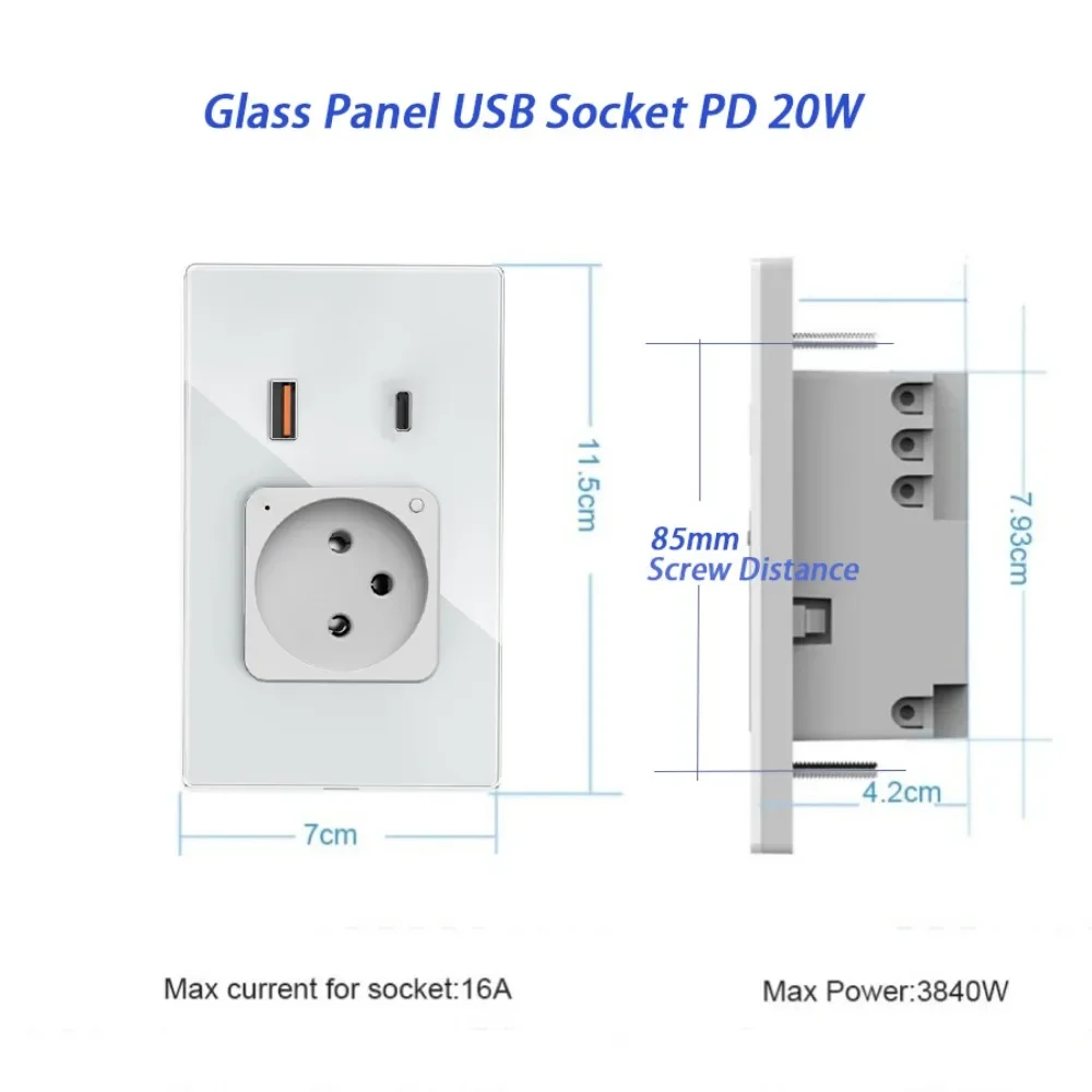 Shawader Tuya Israel Wall Socket USB Type-C PD 30W Charge Wifi Smart Plug Outlet Glass Panel Remote Control by Alexa Google Home