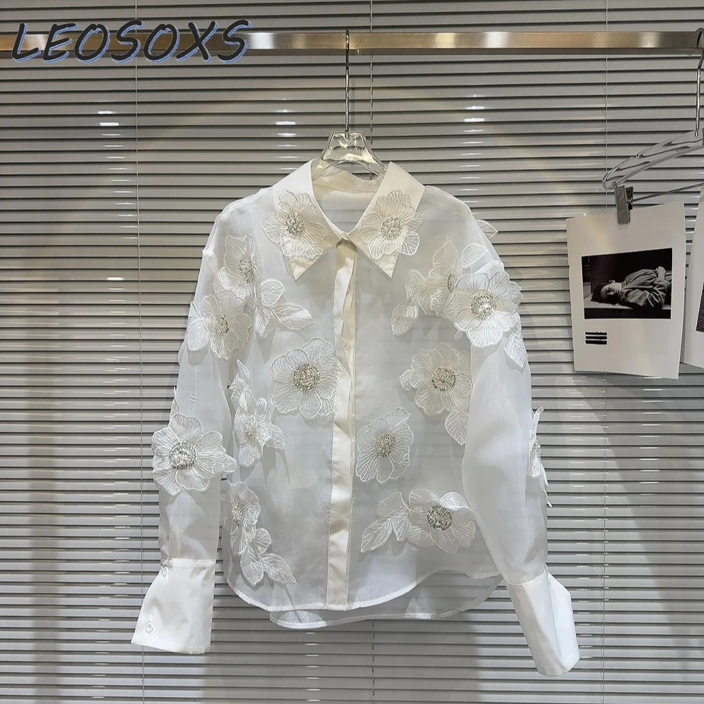 

2024 Spring New French Sequined Three-Dimensional Flower Elegant White Gauzy Shirt Top Polo Collar Long Sleeve Blouse for Women