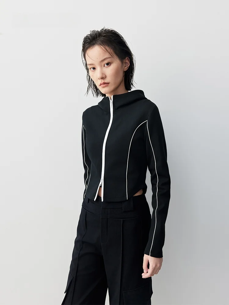 

XMOOM Autumn New High Street Slim Fit ort Hoodie Jaet Women's Original Design Pure Color Zipper Regular Sve Length