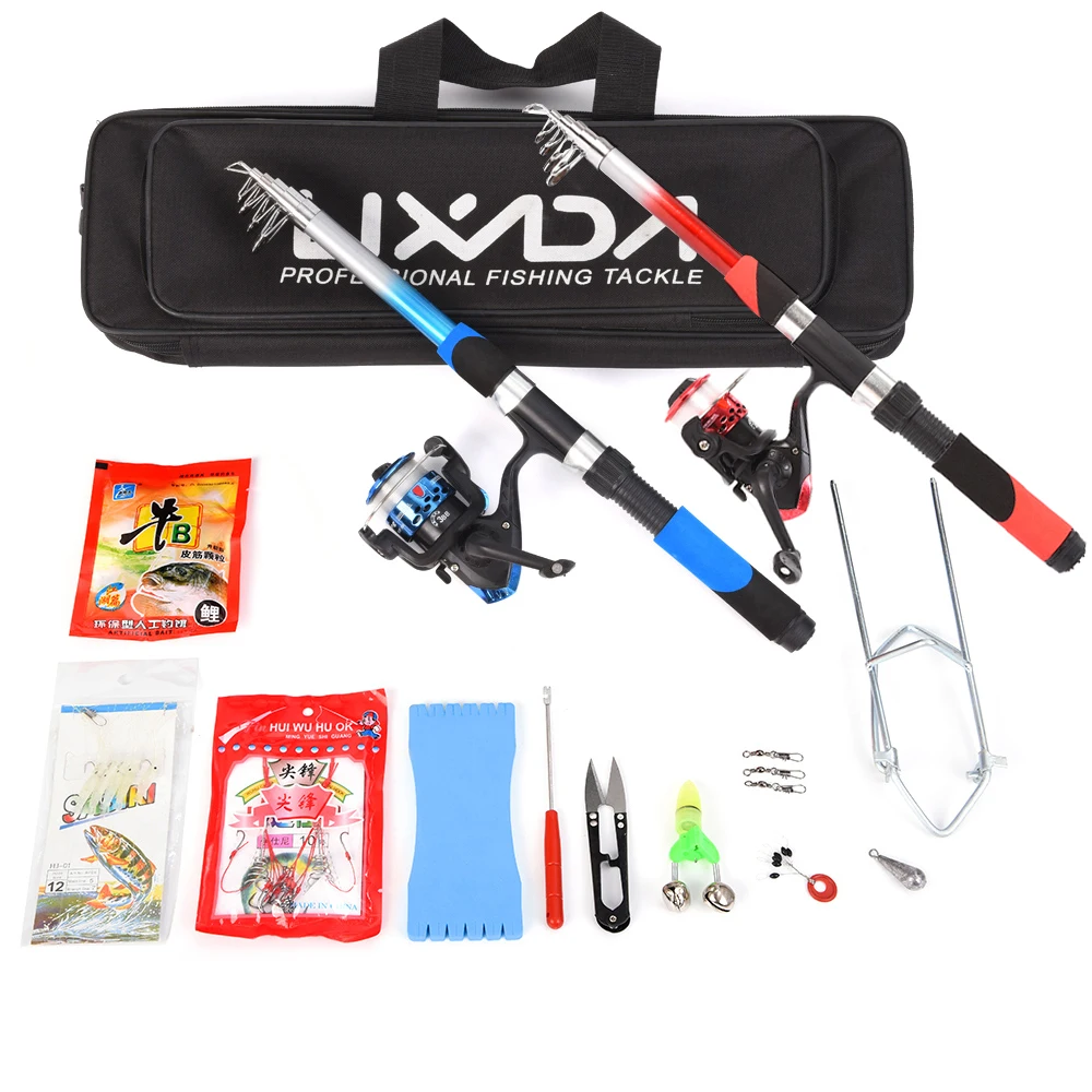 Lixada Fishing Rod Reel Combo Full Kit with 2PCS 2.1m Telescopic Fishing Rods 2PCS Spinning Reels Fishing Lures Hooks Accessory