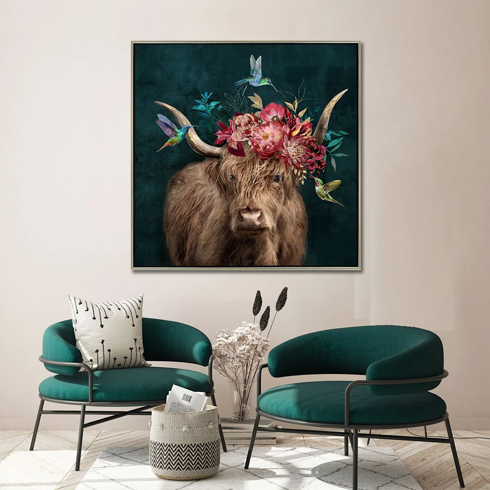 Floral Antlers Horns Canvas Painting Cow Deer Posters and Prints Modern Animal Wall Art Picture for Living Room Decor Mural