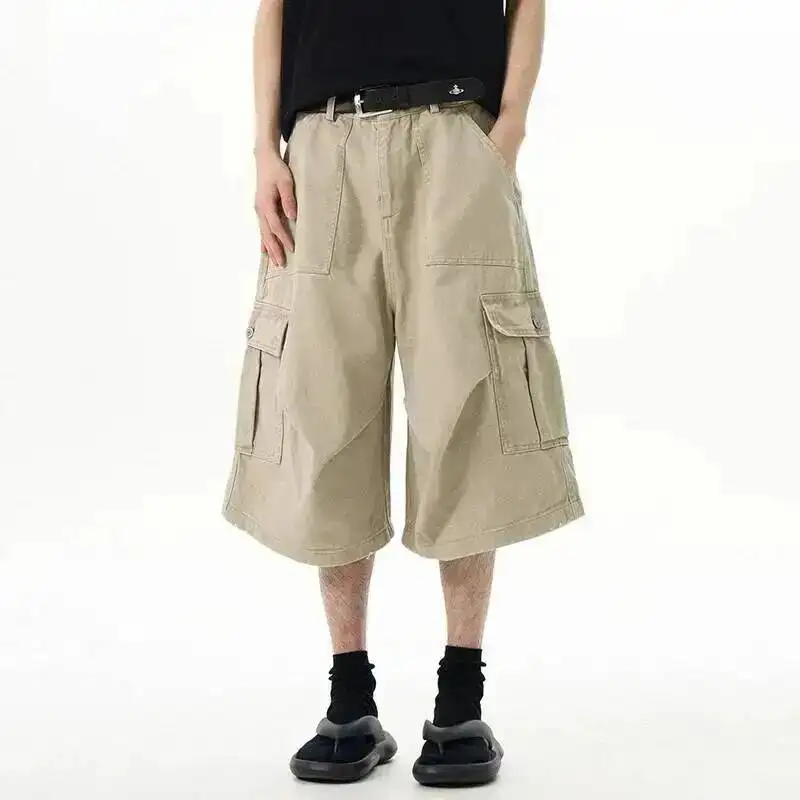 American Style Summer Trendy Male Shorts Multi-Pocket Seven Quarter Trousers Men Cargo Pants Trend Adjustable Waist 9W4EOD