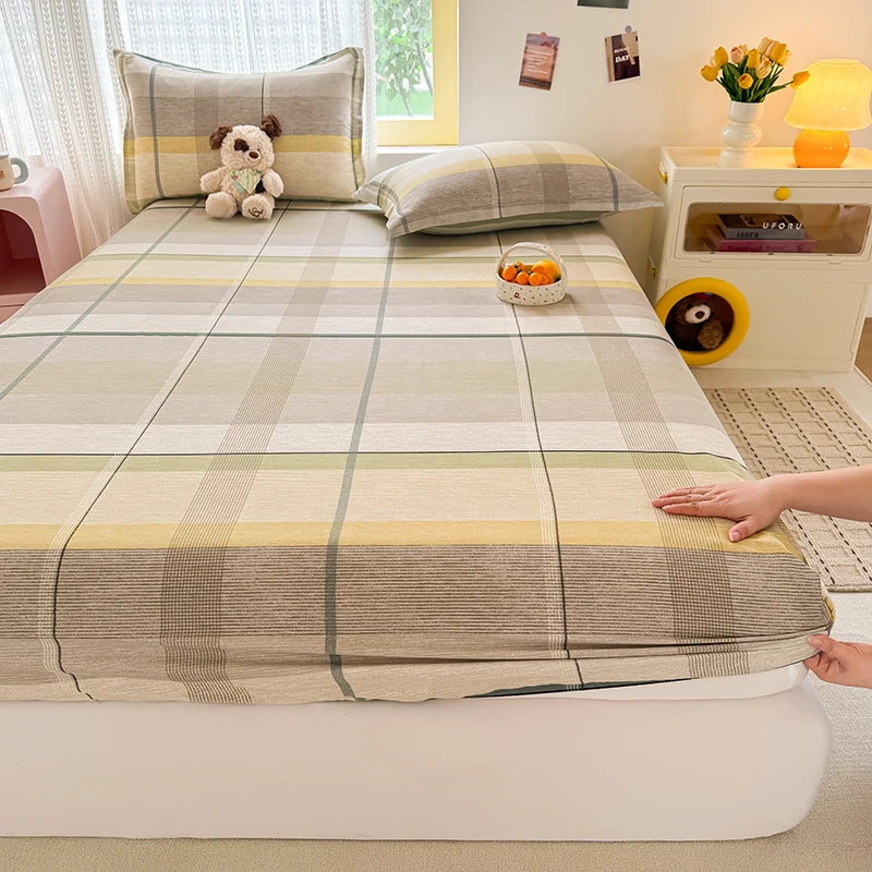 100%Cotton Soft Fitted Sheet with Elastic Single/Queen/King Checkered Stripe Fitted Bed Sheets funda nórdica cama 90 이불커버