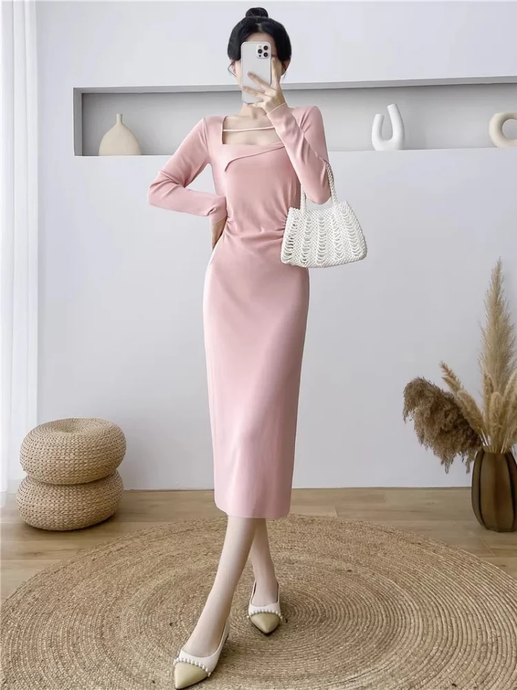 

Square Collar Long Sleeve Ladies Dresses Long Skirt Elegant Knit Chic Office Lady Commuting Robe Dresses Women's Tight Skirt