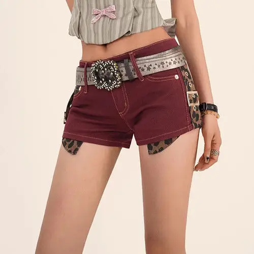 

American Hot Splicing Leopard Print Denim Shorts for Women Low-waisted Tight Y2k Super Short Hot Pants
