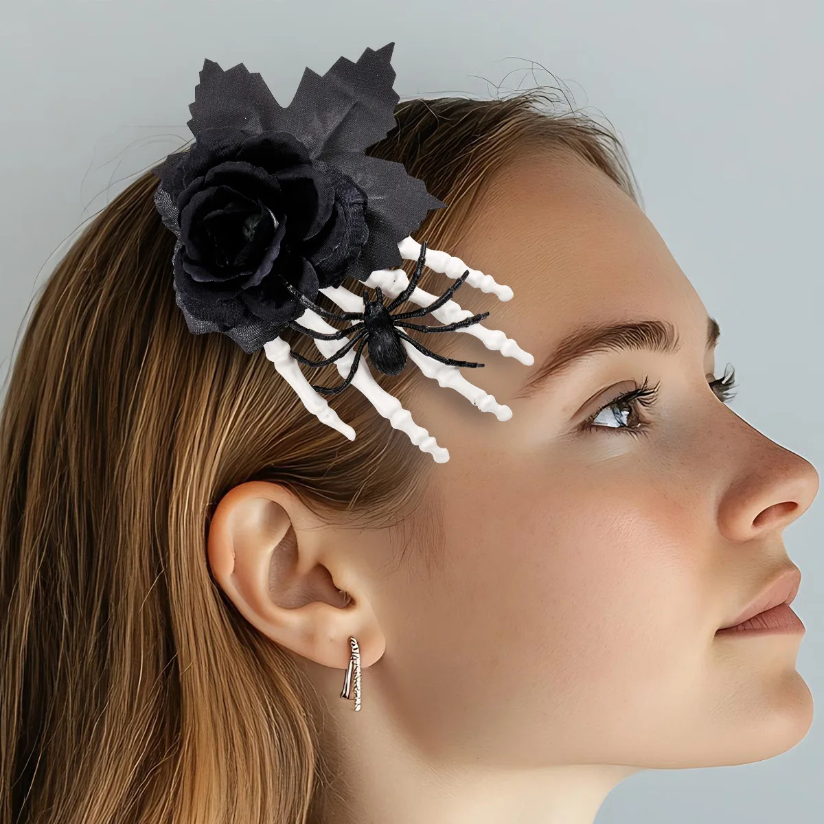 Halloween Spider Skull Decor Black Rose Hairpin Bone Claw Side Clip Hair Accessory Creepy Headdress Halloween Party Outfit view 3