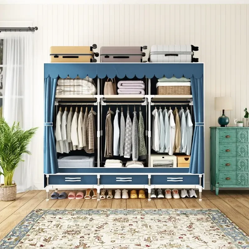 

Портативный шкаф для экономии пространства, прочный тканевый гардероб с подвесными полками, легкий, простой в сборке, пыленепроницаемый.