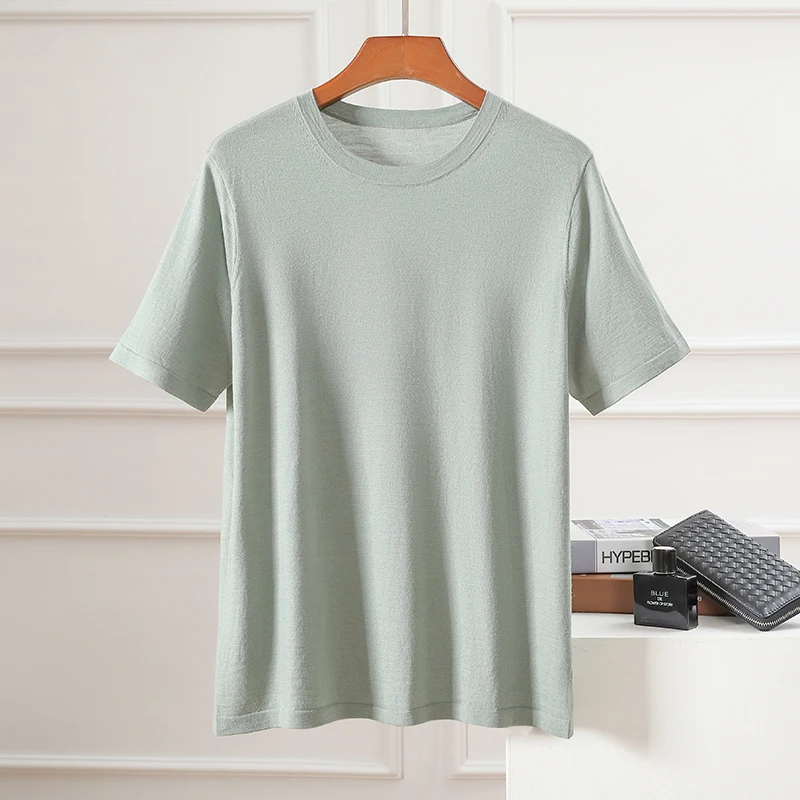 100% Merino Worsted Wool Short Sleeve T-shirt Men's Summer Thin Tops Round Neck Business Half Sleeve High-End Knitted T-Shirts