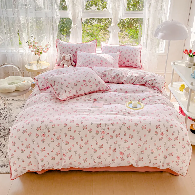 Pastoral Girls Flower Bedding Sets, Washed Cotton Bed Linens, Soft Quilt Cover Sheet Set, Simple Bedspread, Home Textiles