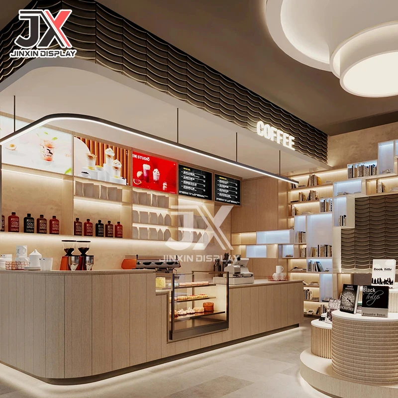 custom.Factory Custom Modern LED Lit Coffee Bar Restaurant Counter Design Shopping Mall Showcase Display Cabinet Cafe Retail Sto