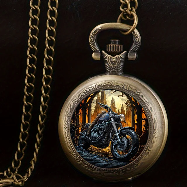 Vintage motocyklowy zegarek kieszonkowy fajny elegancki wykwintny zegar z łańcuszkiem naszyjnikowym Retro Forest Motor Masculino Relogio najlepszy prezent