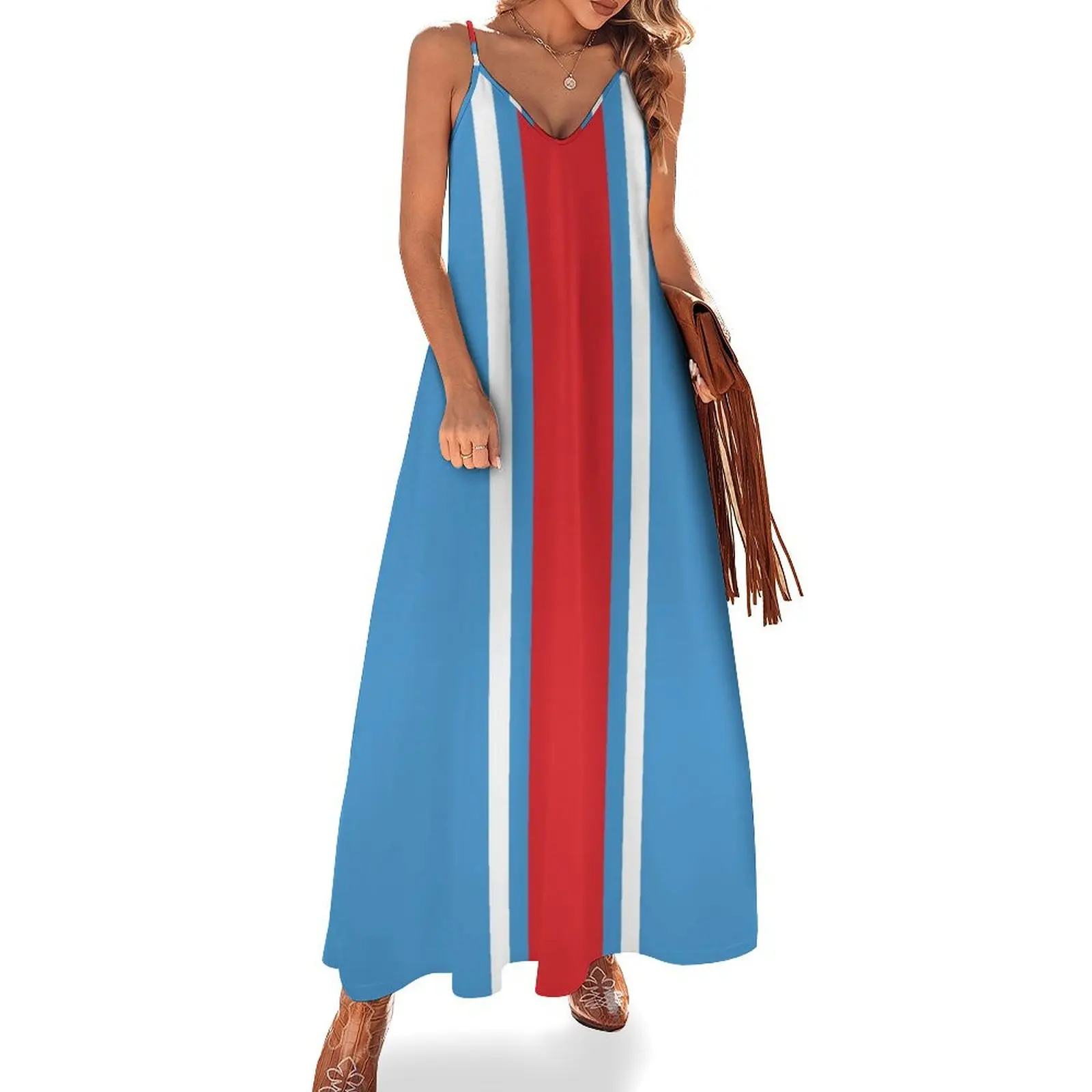 Powder Blue, White, & Red Vertical Power Stripe Sleeveless Long Dress luxury evening dresses for women 2025 Dress