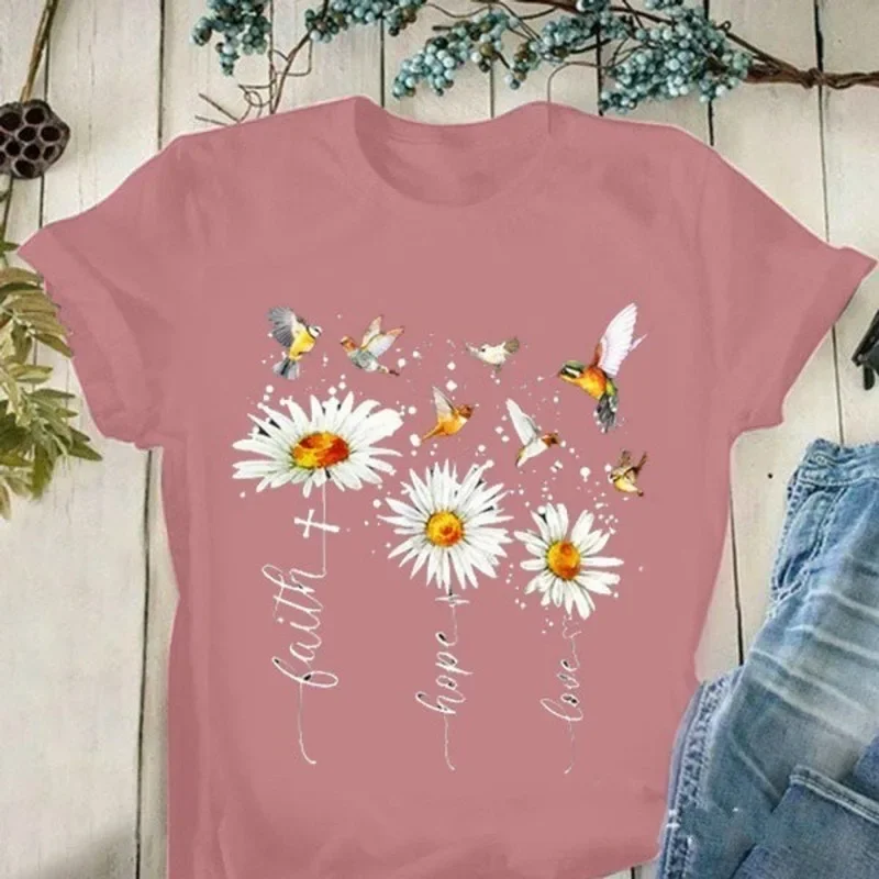 Mulheres Faith Hope Love Camiseta com estampa Margarida, manga curta, gola O, camiseta solta, tops de verão