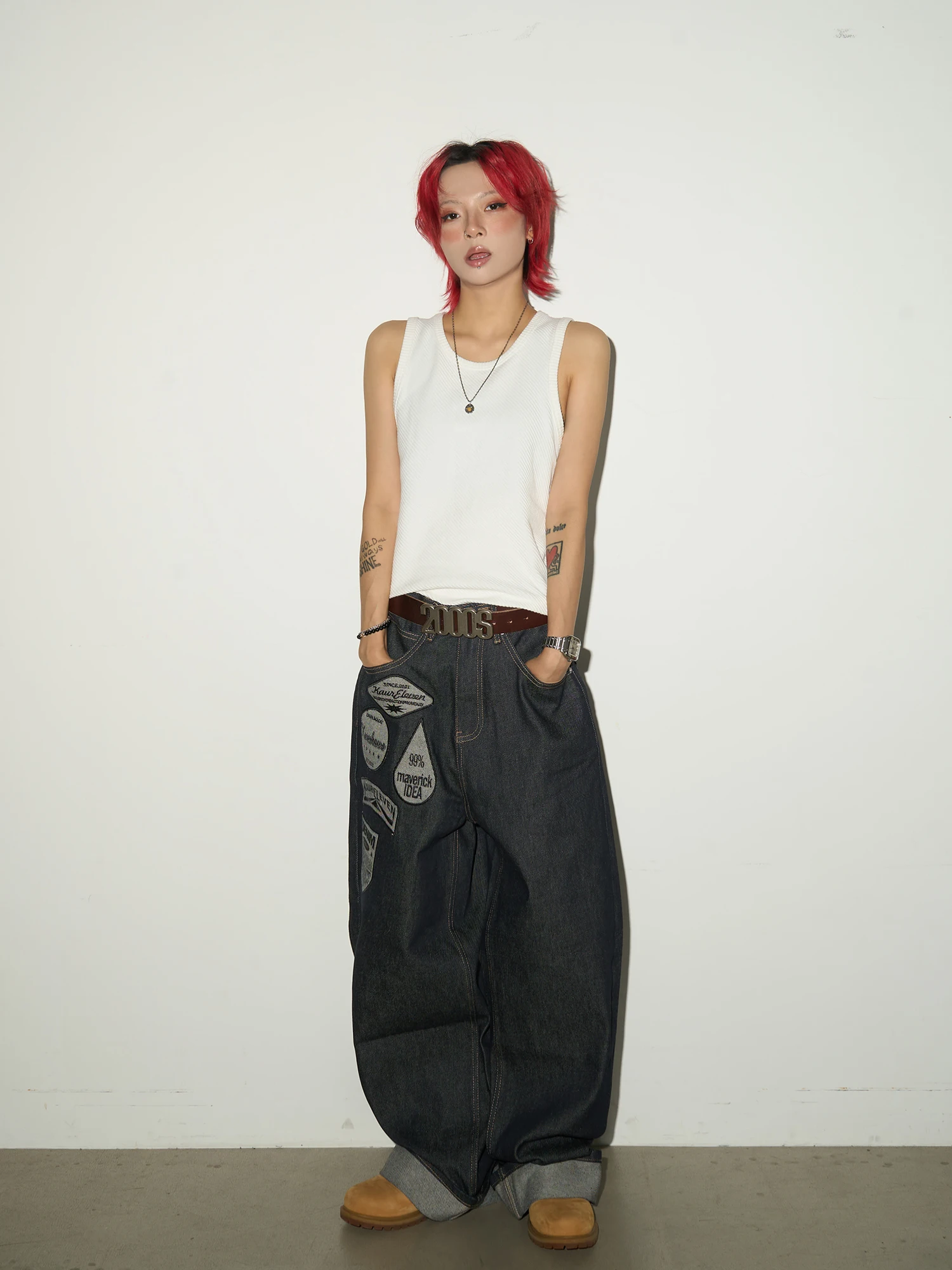 

MICHINNYON American Sle High Street Wide Leg Jeans Loose Straight Floor-Length Pants All-Match Cotton Embroidered Patchwork