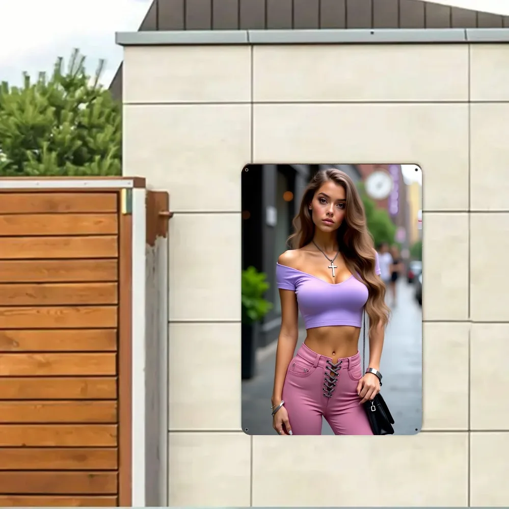 

2D metal wall art, 8x12 inch, modern woman silhouette in purple and pink tones with blonde hair. Pre-drilled, durable frame for