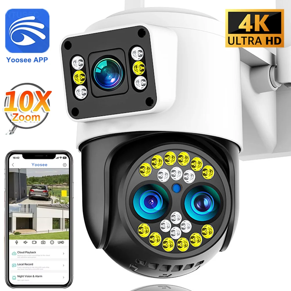 

4K 8МП IP-камера с тремя объективами и двумя экранами, Wi-Fi, 10-кратный оптический зум, IP66, уличная водонепроницаемая, с автослежением, двусторонняя аудиосвязь, Yoosee