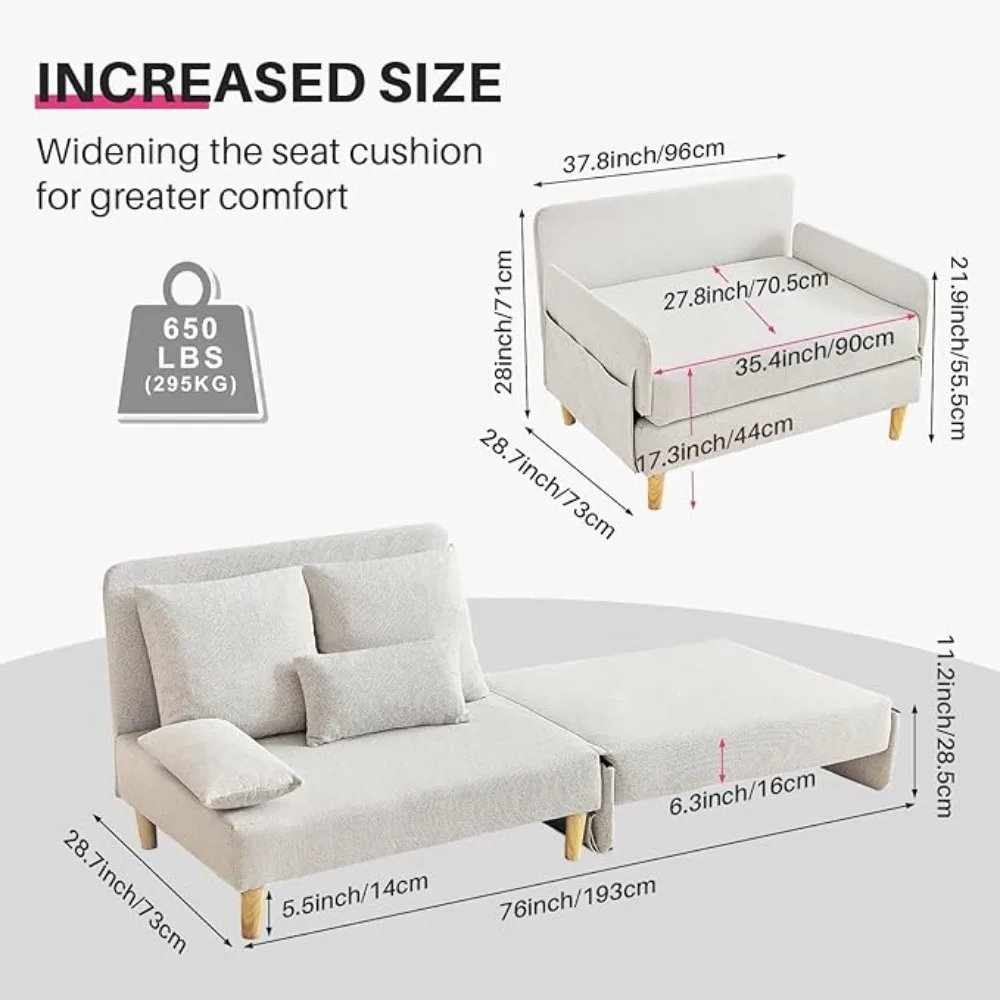 3-in-1 Convertible Sofa Bed, Small Couches for Small Spaces, Oversized Accent Chair Sofa Sleeper Chair with 4 Pillows