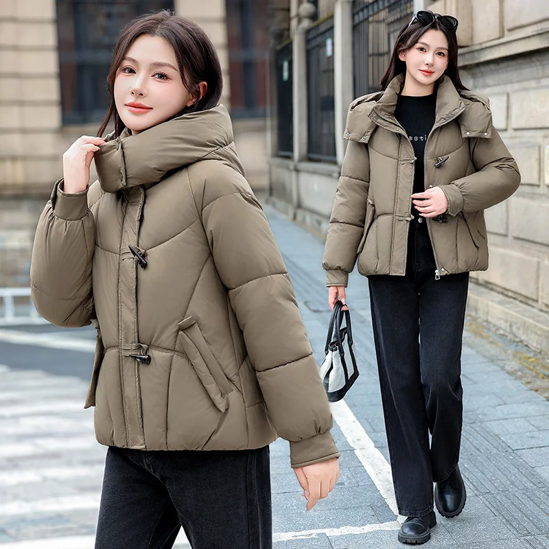 

Облегающая женская зимняя куртка-парка с воротником-стойкой и капюшоном на кнопках, женское стеганое пальто с напуском, короткая верхняя одежда для женщин