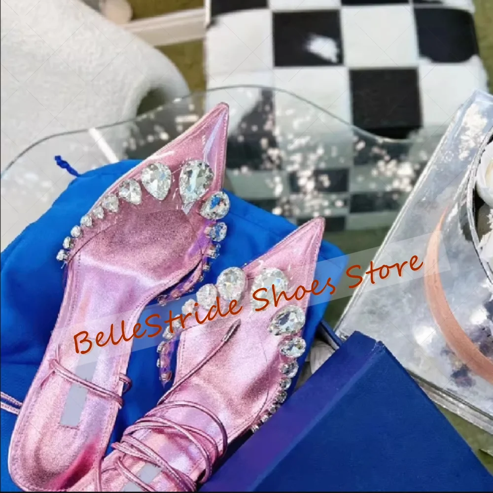 

Pink Pointed Toe Crystal PVC Sandals Lace up Women Shoes Stilettos High Heels Party Banquet Dating 2025 Zapatos Para Mujere