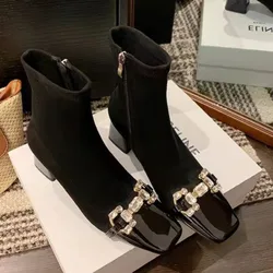 Women's Fashion Chunky Single Boots Fall New Square Head Rhinrhinous Buckle Stitching Suede Side Zipper Short Boots