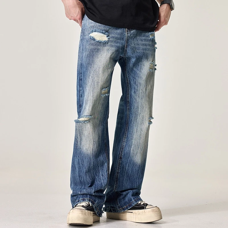 New Retro 2026 Ripped Lightning Pattern Men's Jeans Trendy High Street Style Denim Pants Slightly Flared Trousers 68CA