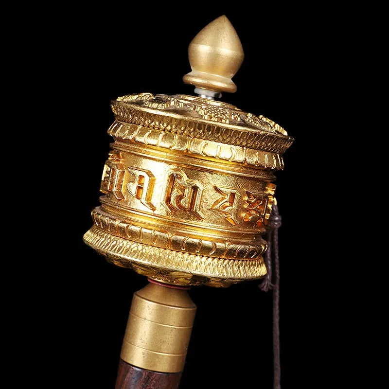 Relief hand-cranked golden mandala with the six-syllable mantra, Tibetan Buddhist Mani wheel