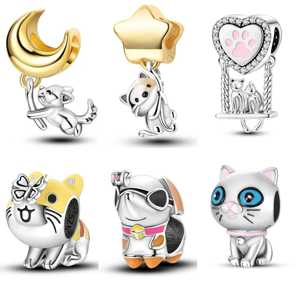 Hot 925 Sterling Silver Cute Dog Cat Pet Animal Charms Beads Fit Original Bracelets DIY Jewelry Birthday Fine Gifts Accessories