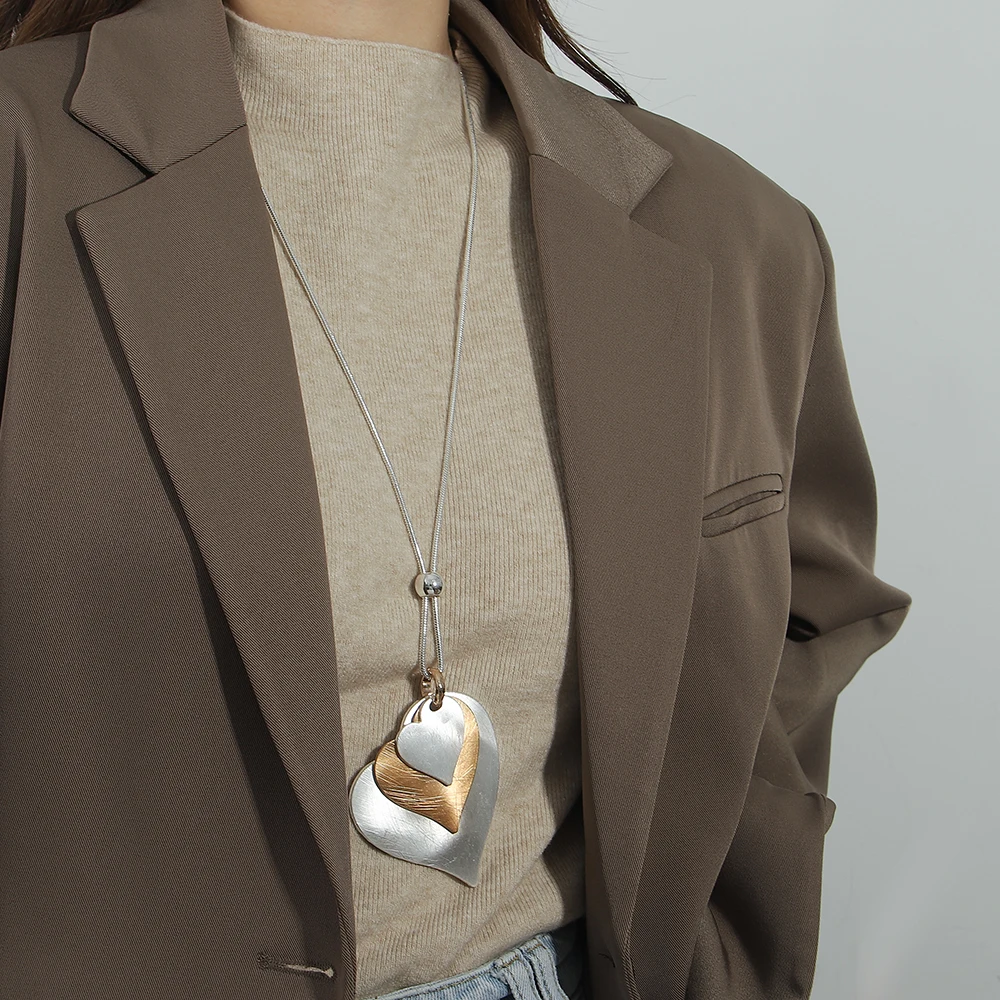 Women's Necklace Brushed Three Color Heart Love Shaped Pendant Silvery Long Sweater Chain Necklace Statement Daily Jewelry