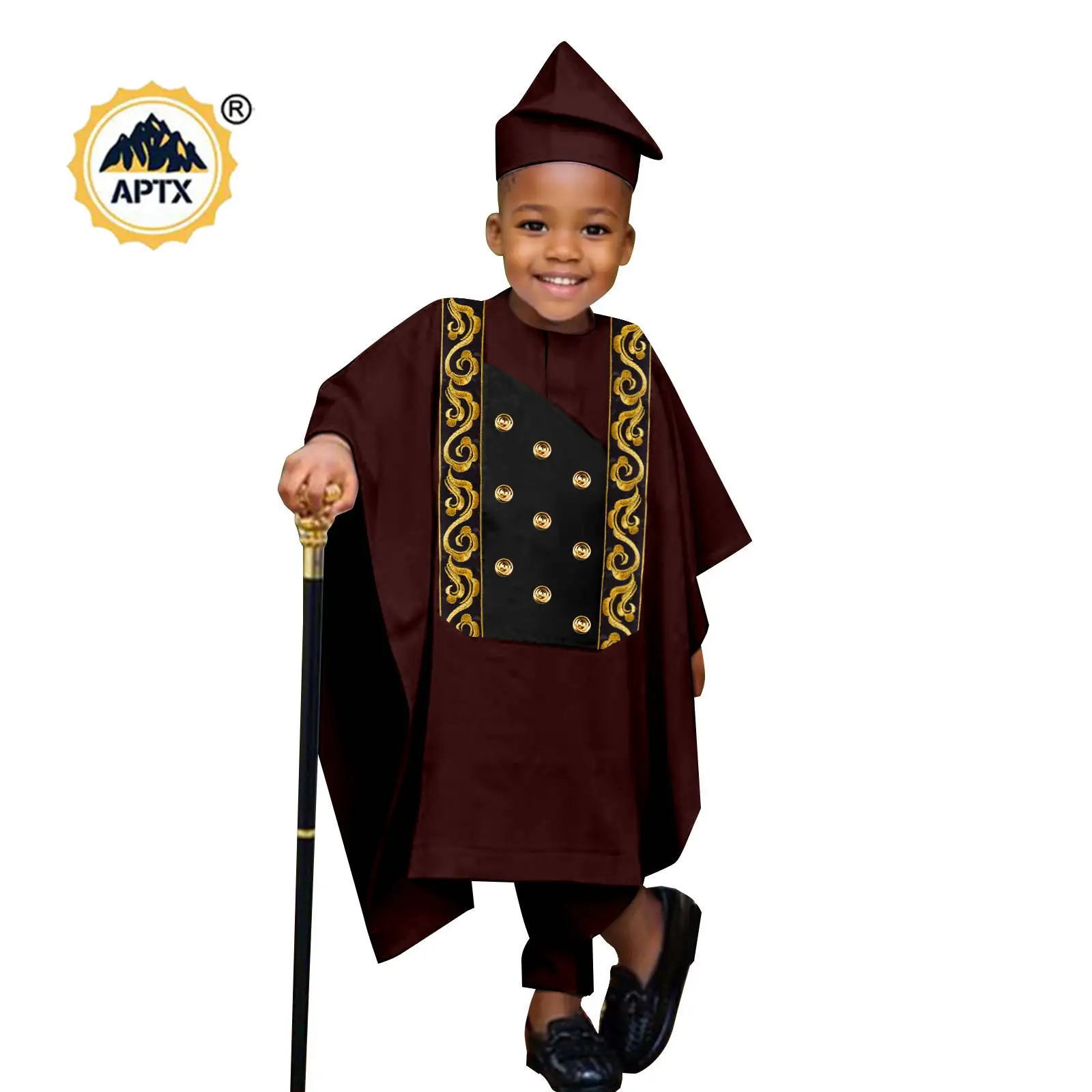 Africa Clothes for Boy Outfits Embroidery Button Robe Top and Pants Matching Hat Bazin Riche Children Kid Muslim Sets 2446044