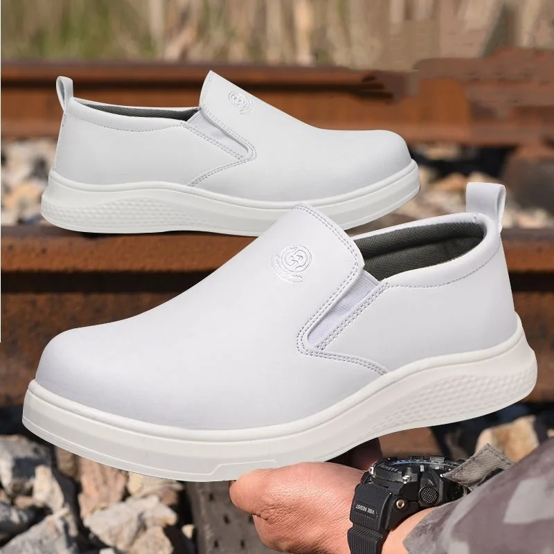 mens casual steel toe covers work safety shoes slip-on genuine leather safe shoe black white worker security boots protection