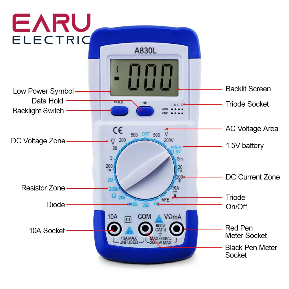 A830L LCD Digital Multimeter DC AC Voltage Diode Freguency Volt Tester Test Current Voltmeter Ammeter Meter Gauge Display Tool