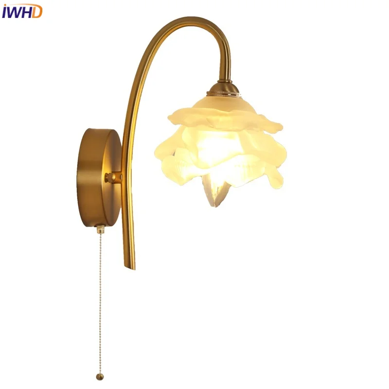 

IWHD Pull Chain Switch LED Wall Lamp Sconce Bedroom Coffee Reading Modern Luxury White Glass Copper Base Stair Light Fixtures