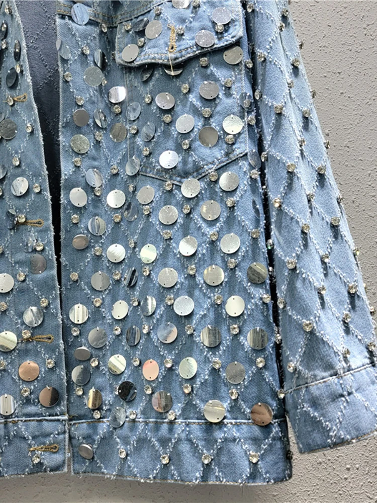 DEAT Fashion Women's Denim Coat Diamond Sequins Single Breasted Long Sleeve Do Old Blue Jackets 2024 Spring New Items 29L7377