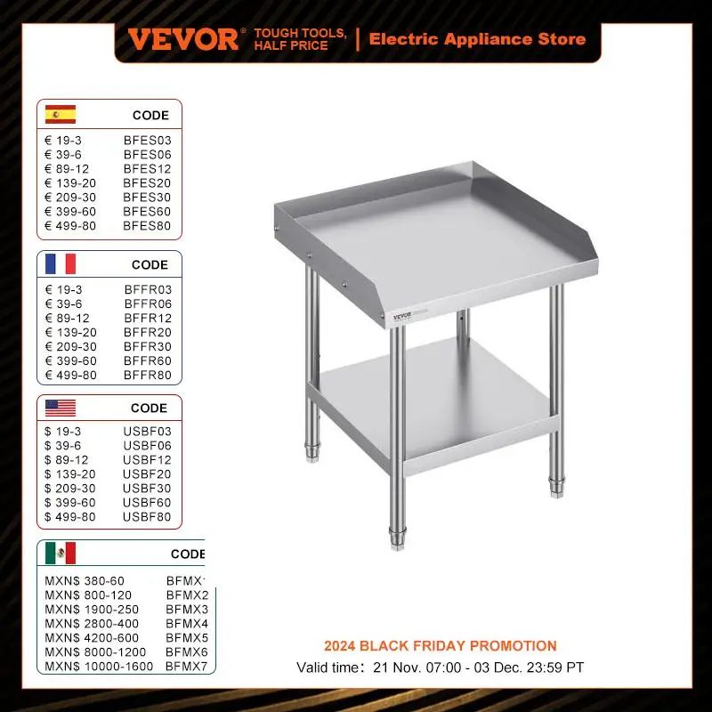 VEVOR Stainless Steel Work Table Commercial Heavy Duty Food Prep Worktable with Adjustable Height for Restaurant Home and Hotel