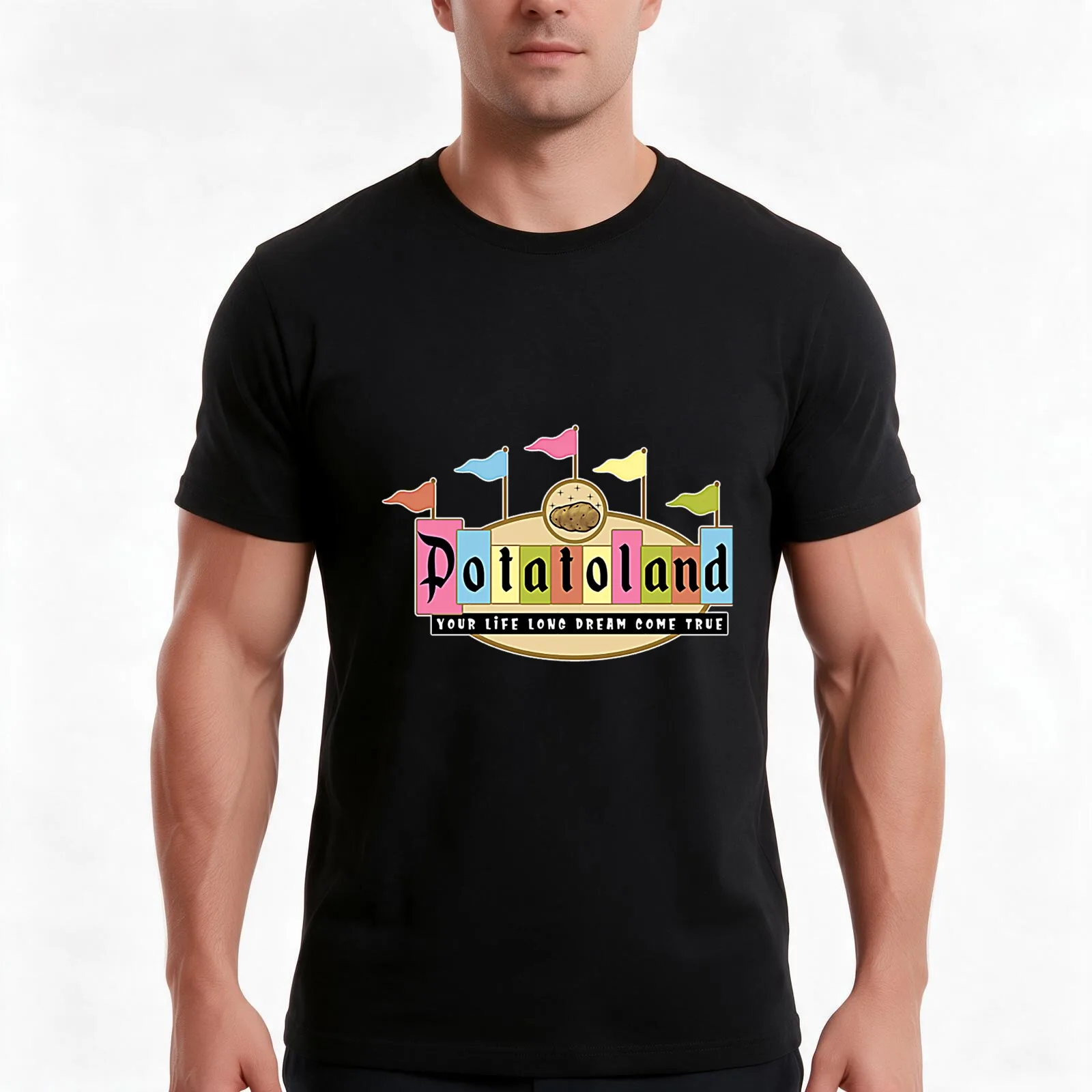 Potatoland Retro Sign T-Shirt, Summer Casual Cotton Tee, Oversized Streetwear Tops, Vintage Graphic Print, Unisex Men Women