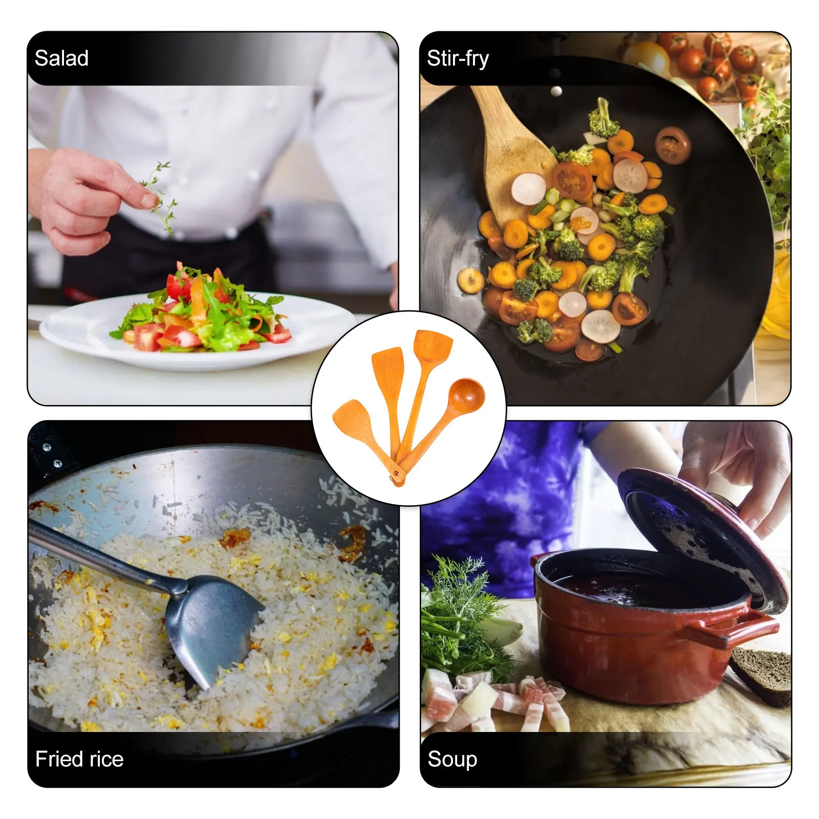 4 قطعة مجموعة أدوات الخشب أدوات الطبخ الخشبية ملعقة مائلة مغرفة الحساء ثقب معلق أدوات المطبخ مقاومة للحرارة للمنزل فندق #4