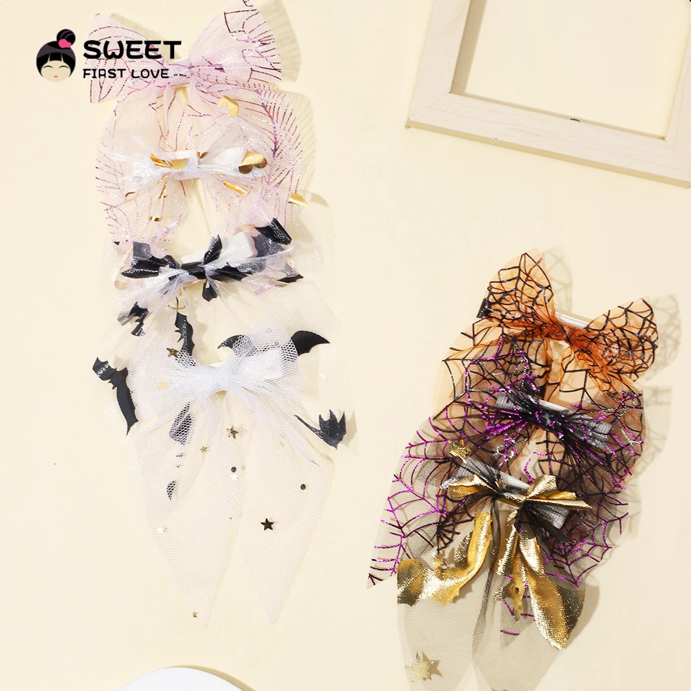 1 Pcs Halloween Big Hair Bow Hair Clips Bat Spider Web Gauze Bow For Girls Bowknot Hairpin Trendy Hairpin Baby Hair Accessories