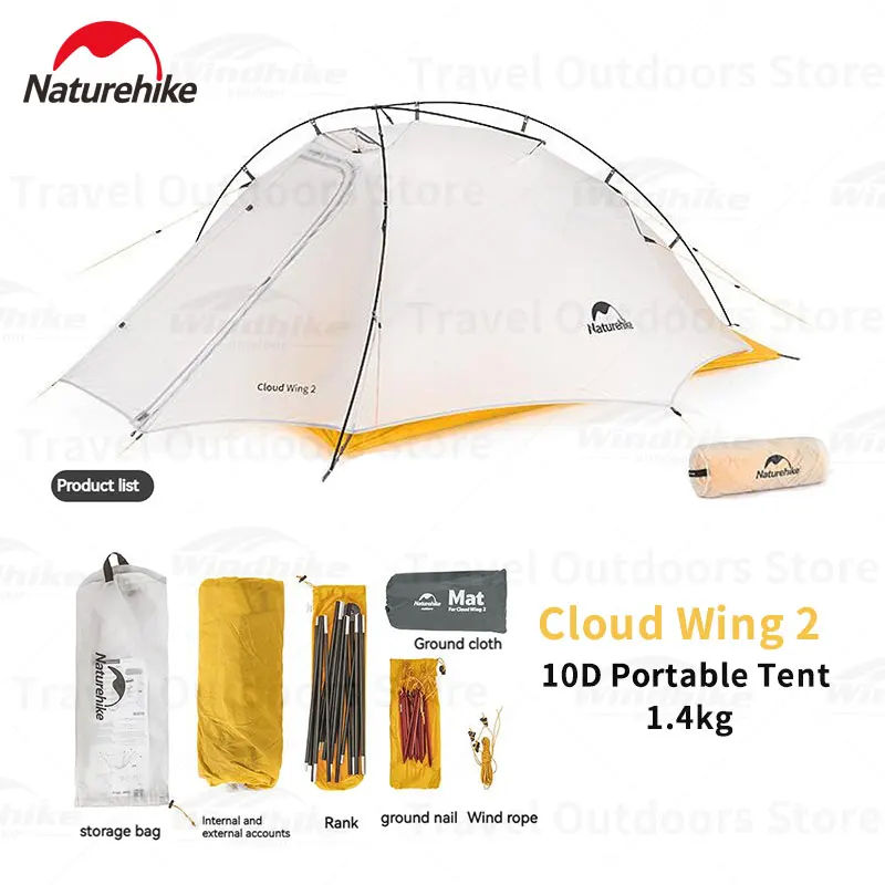 Naturehike Wings 2 Camping Tent 10D Silicone Ultralight Portable 1-2P eople One-piece Outdoor Travel Hiking Tent Waterproof Tent