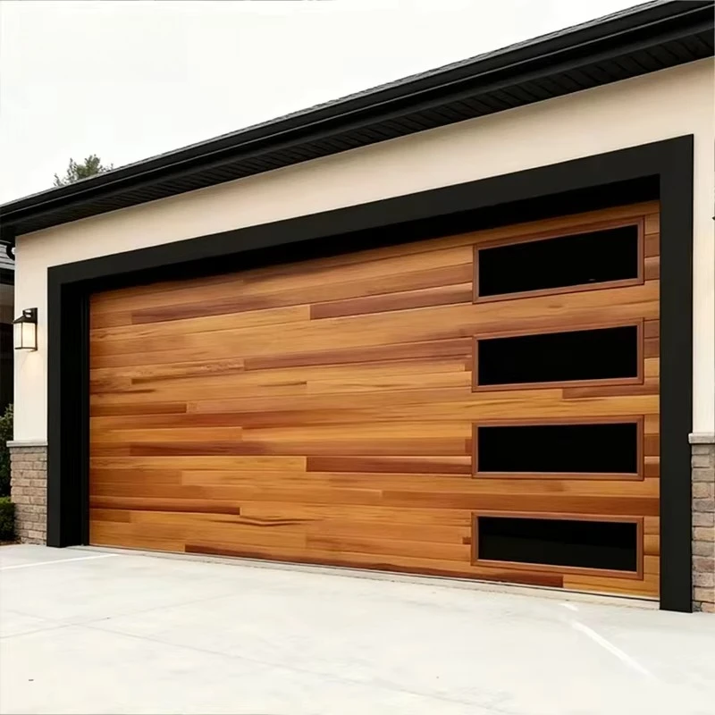 Electric 16x8 Aluminum Wooden Looking Galvanized Steel PU Foam Overhead Sliding Garage Door With Black Windows