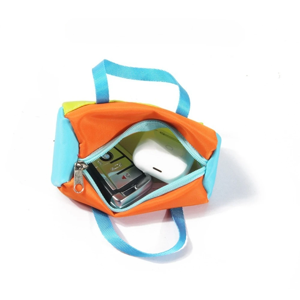 Color Block Mini Tote Pouch with Carabiner for Women, Portable Cable & Earphone Storage Bag, Handheld Small Organizer Purse