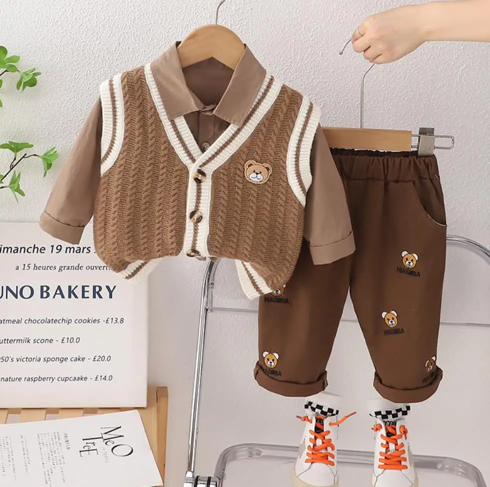 Korean Style Children Suits 1 To 5 Years Spring Autumn V-neck Bear Sweater Vest+Shirts+Pant Toddler Boys Sets Kids Baby Clothes