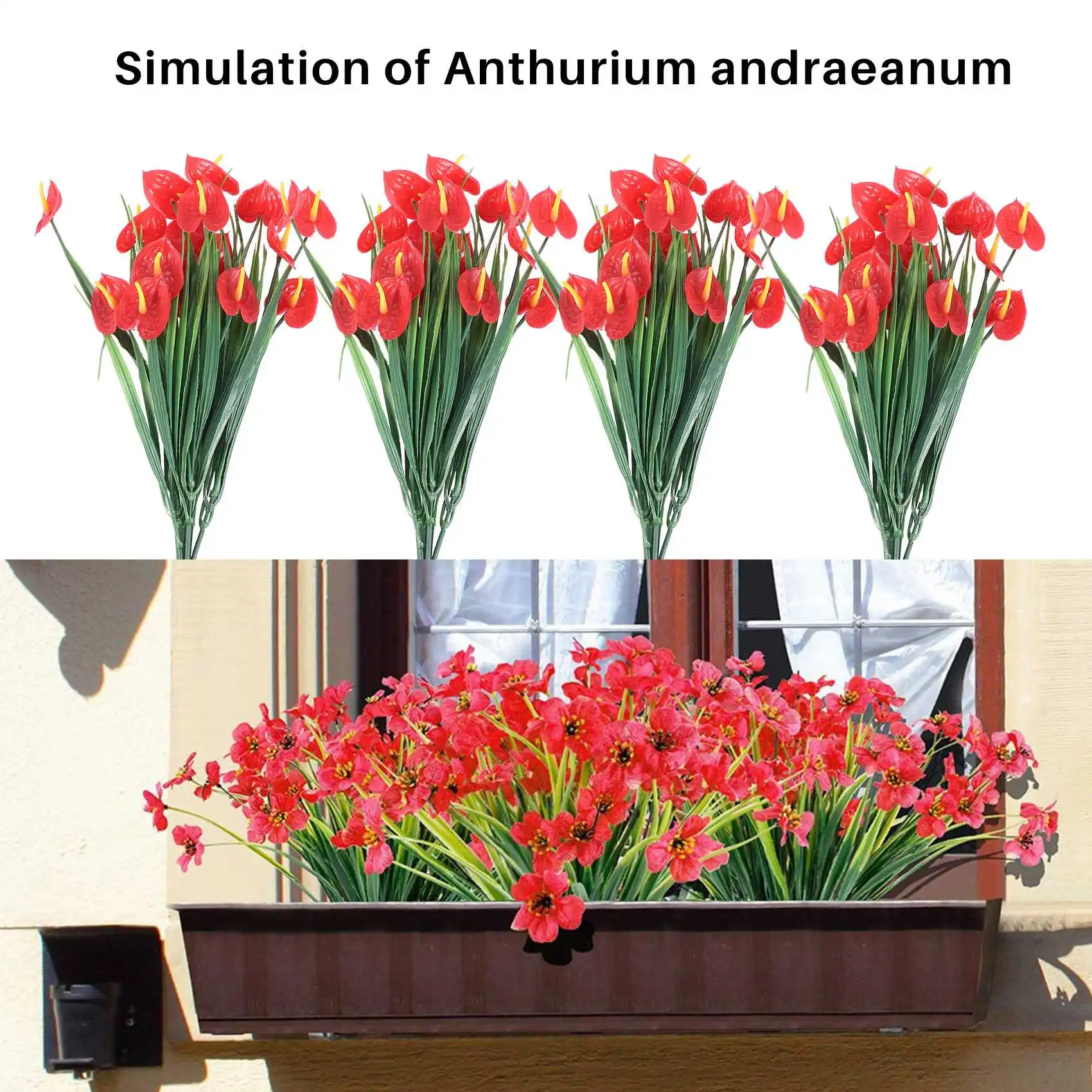 4 Bunches Artificial Fake Flowers Faux Anthurium Plants Plastic Shrubs Bushes Greenery Indoor Outside Hanging Planter Home