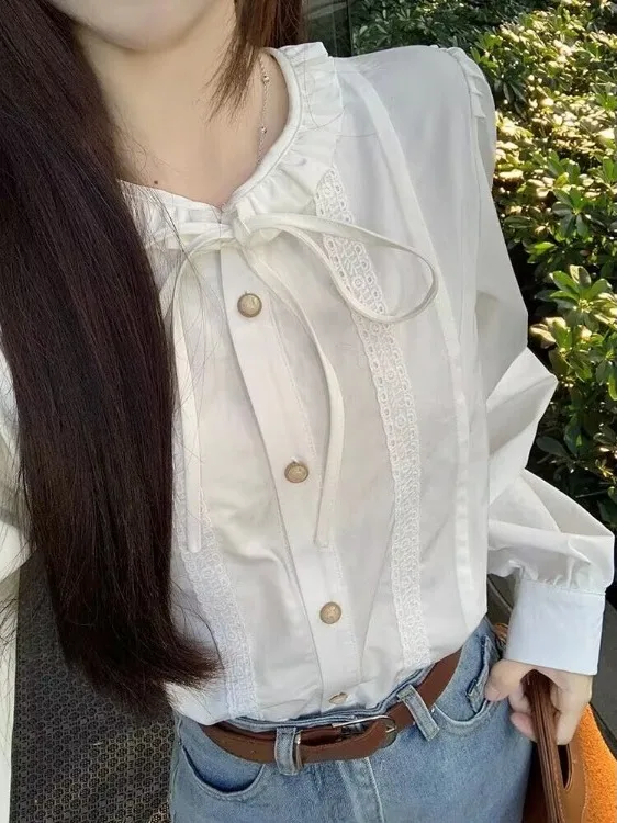 

Ele White Doll irt Long Sve French Sle Loose Fit Women's Spring Faionable Top Quali Material Resistant to Defo...