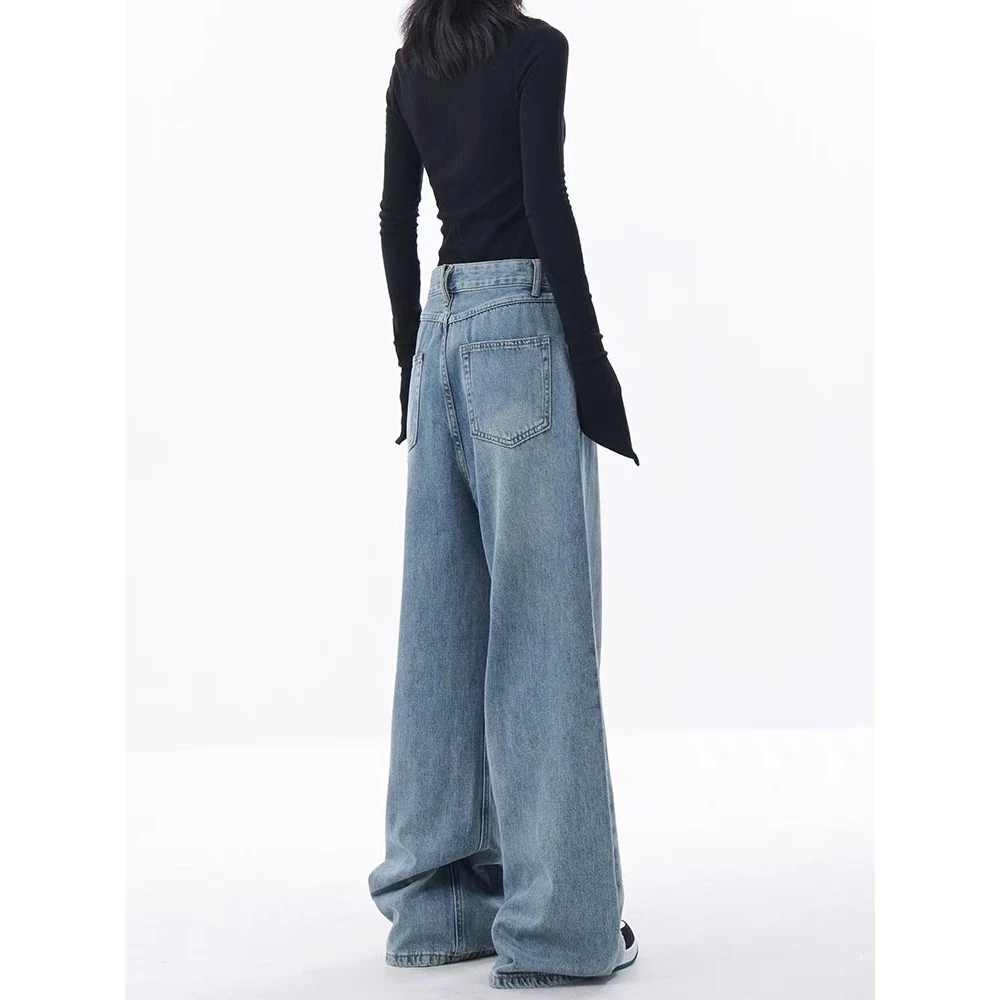 Jean ample brodé bleu à jambes larges pour femmes, pantalon de sol décontracté, taille haute, en Denim, printemps Faion