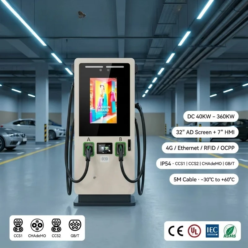 Customized 60KW 120KW 320KW Smart Media DC EV Charge Point Dual 32 Inch Screen CCS1 CCS2 CHADEMO GBT OCPP 1.6J 4G RFID IP54 Outd