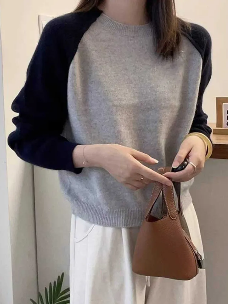 العصرية اللون بلو تريكو الصوف فضفاضة طويلة Sve جولة Ne البلوز التخسيس أعلى العمر تقليل تصميم الخريف سترة #5