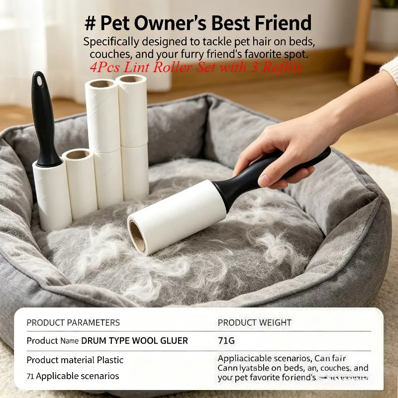 4 Pack Lint Roller Set, 1 Reusable Black Handle with 3 Extra Sticky Refill Rolls, Easy Tear Pet Hair Remover for Clothes, Sofa,