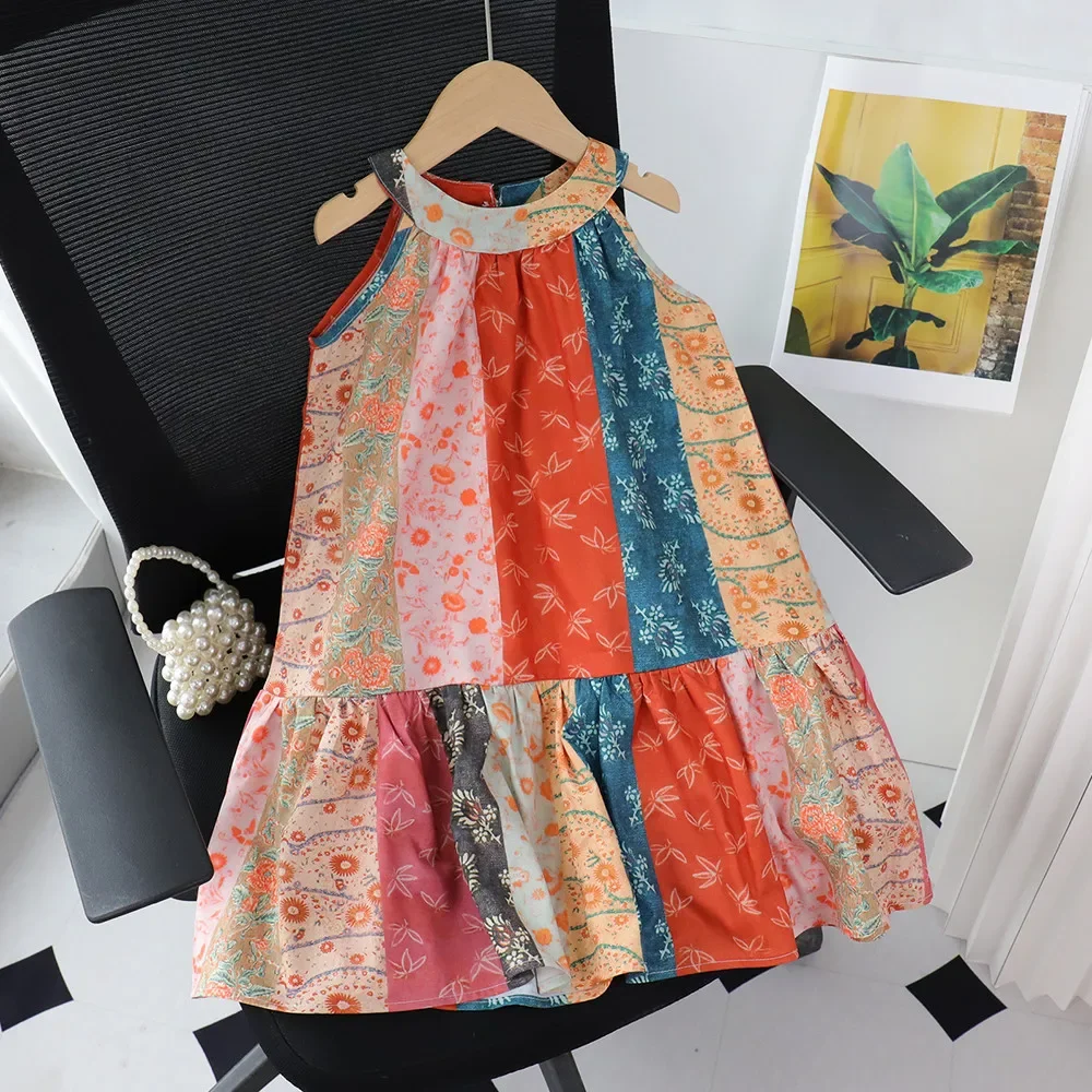 

Summer 3-7 Years Girls Fashion New Sleeveless Flower Print Hanging Neck Dress 1 Pc Kids Vacation Casual Clothes