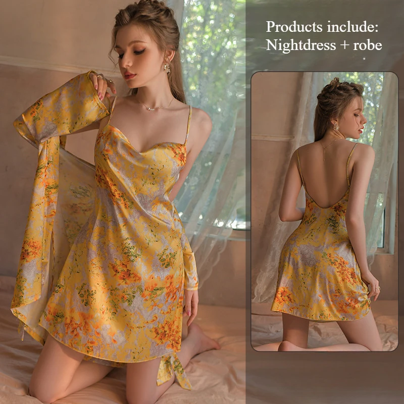 

Sexy Dessous Neu 2024 New Nightdress Sexy Halter Ice Silk Pajamas Yellow Summer Pure Wind Belt Nightgown Sets for Women 2 Pieces