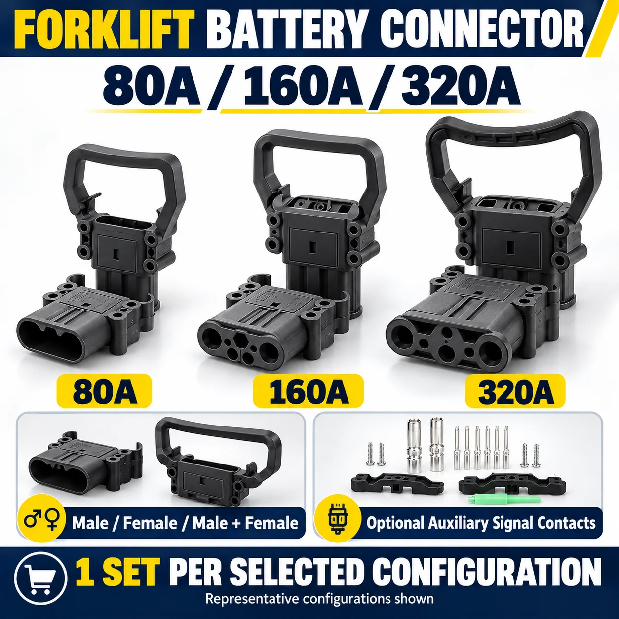 80A 160A 320A Forklift Battery Charging Connector Male Female Power Plug Optional Auxiliary Signal Contacts with Handle
